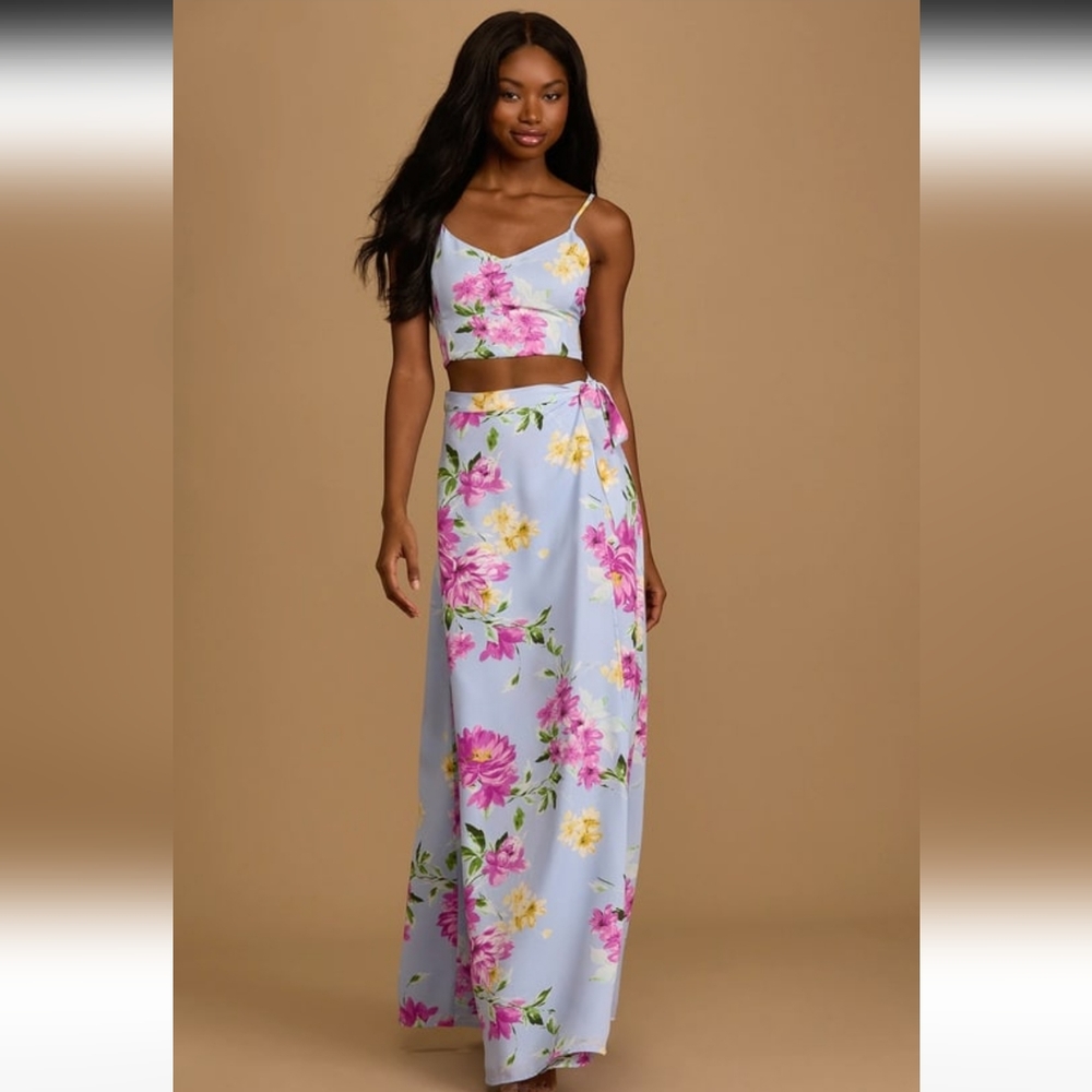 BNWT Lulus Bloom with a View Light Blue Floral Print two-piece maxi dress